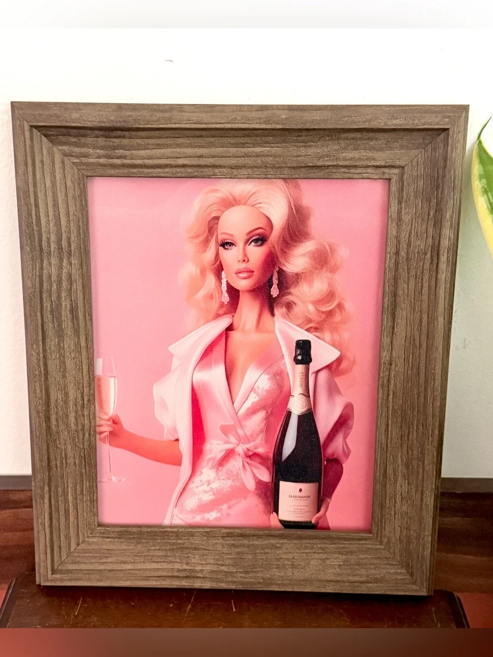 Champagne Barbie Doll Pink Canvas Art Print Wood Framed Wall Hanging Art 11x13”
